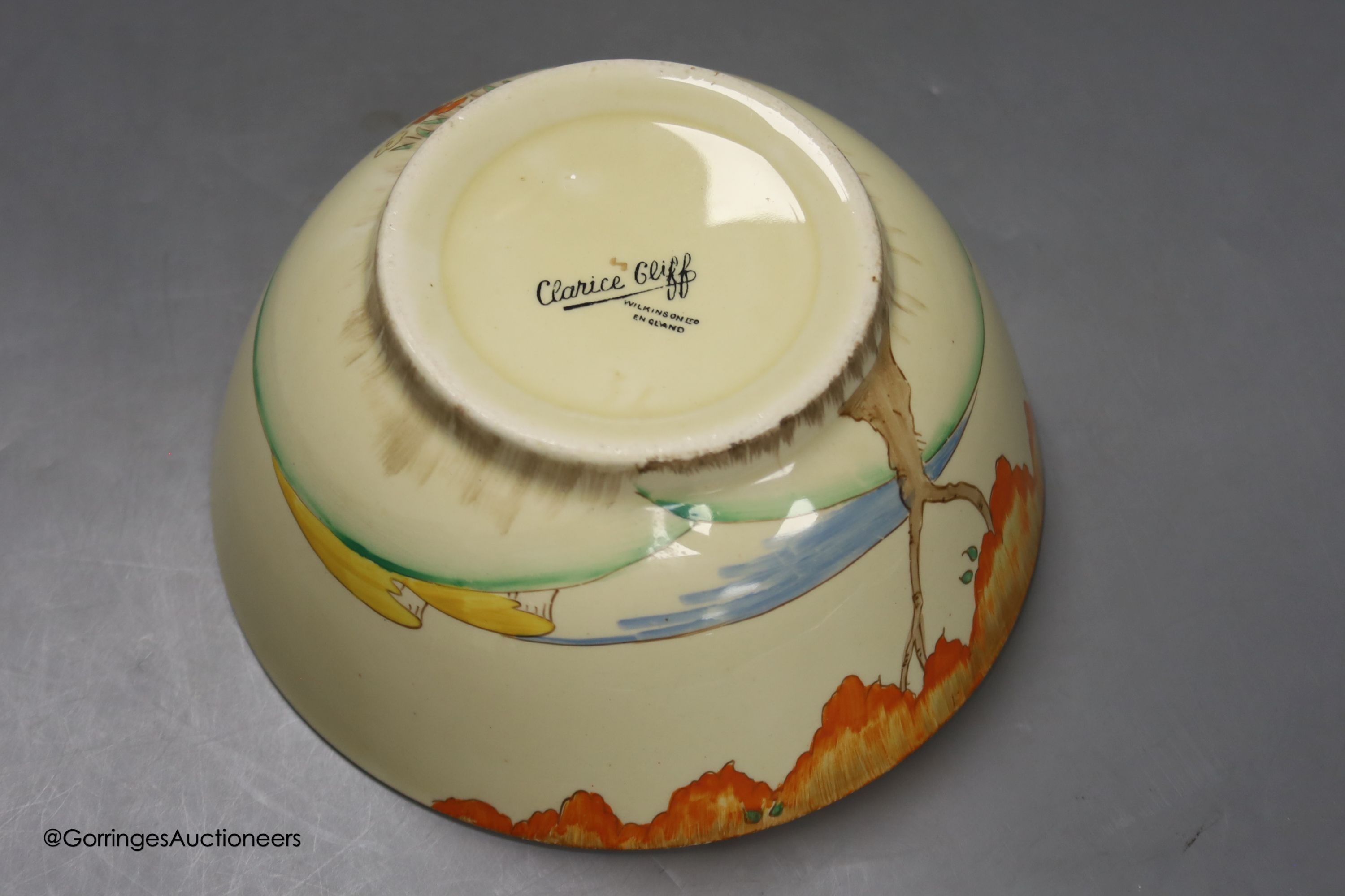 A Clarice Cliff landscape bowl, height 8cm diameter 18cm
